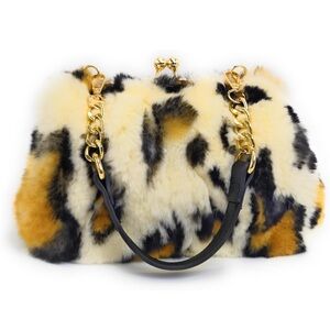 Luxury Rex Rabbit Fur KISS-lock Handbag with Gold Accents